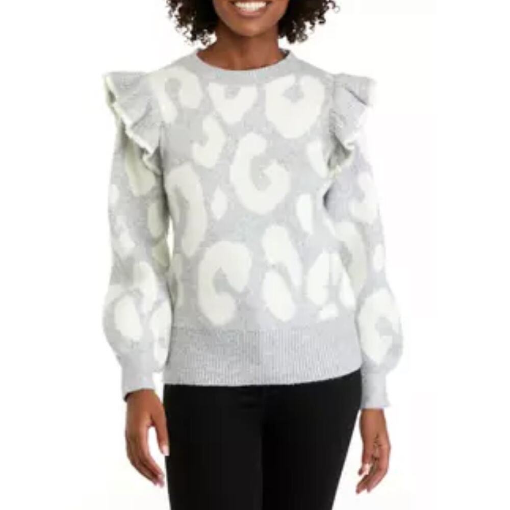 Crown & Ivy Ruffle Cable Jacquard Sweater – Gray & White – Women’s Medium
